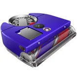 Robotic vacuum cleaner in purple with a cylindrical brush, visible camera, and app interface on a smartphone.