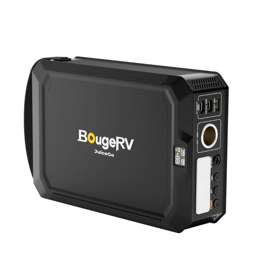 A black portable power station by BougeRV, labeled JuiceGo, featuring multiple output ports including USB and DC, with an LED display showing charge status and power level.