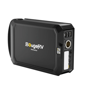 A black portable power station by BougeRV, labeled JuiceGo, featuring multiple output ports including USB and DC, with an LED display showing charge status and power level.