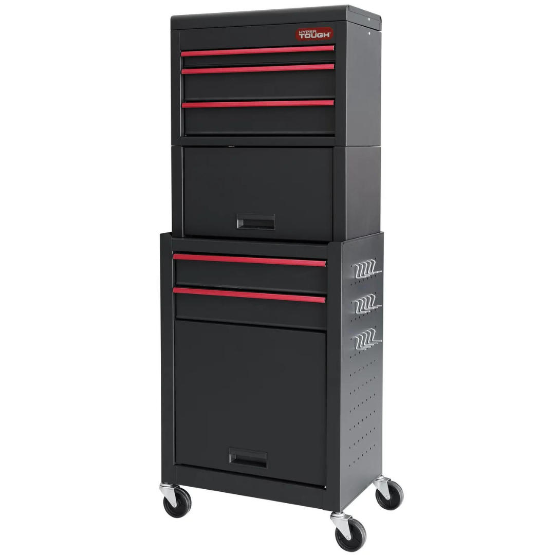 A black rolling tool cabinet with multiple drawers, some outlined in red, and side pegboard panels.
