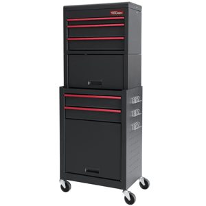 A black rolling tool cabinet with multiple drawers, some outlined in red, and side pegboard panels.