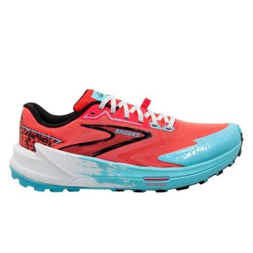 A vibrant running shoe with red and blue color blocks, featuring Brooks branding, a cushioned sole, and a speckled design on the heel.