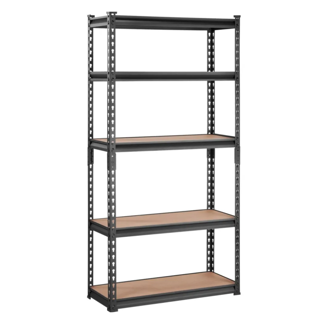A five-tier metal shelving unit with adjustable wooden shelves and a black frame, suitable for storage and organization.