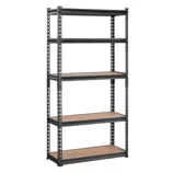 A five-tier metal shelving unit with adjustable wooden shelves and a black frame, suitable for storage and organization.