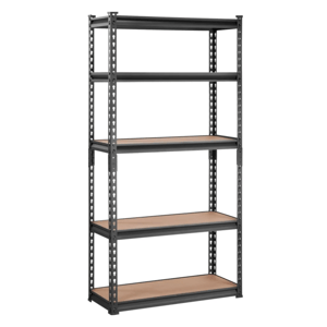 A five-tier metal shelving unit with adjustable wooden shelves and a black frame, suitable for storage and organization.