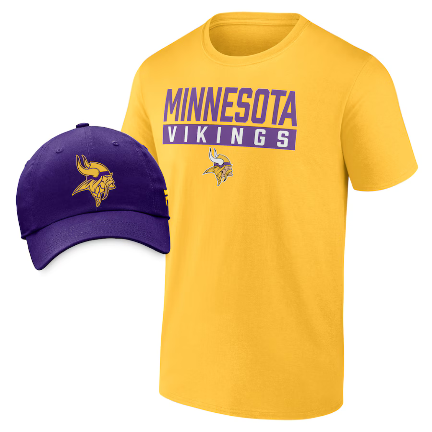 Yellow t-shirt with \“Minnesota Vikings\“ text and logo, paired with a purple baseball cap displaying the same team logo.