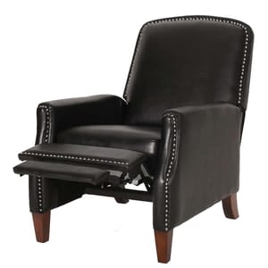 A black leather recliner chair with wooden legs, featuring nailhead trim detailing and a footrest that extends out.
