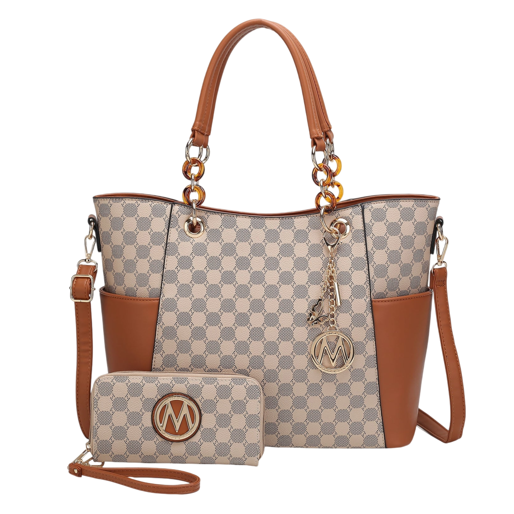 A checkered tote bag with brown accents, featuring gold chain handles and a circular logo charm, paired with a matching wallet.