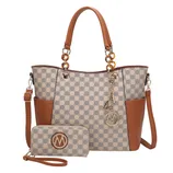 A checkered tote bag with brown accents, featuring gold chain handles and a circular logo charm, paired with a matching wallet.