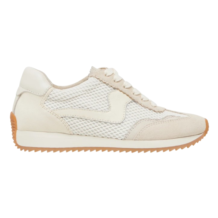 A beige sneaker with a mesh and suede upper, featuring a gum-colored sole and minimalistic design.