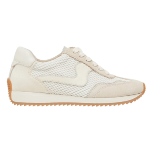 A beige sneaker with a mesh and suede upper, featuring a gum-colored sole and minimalistic design.