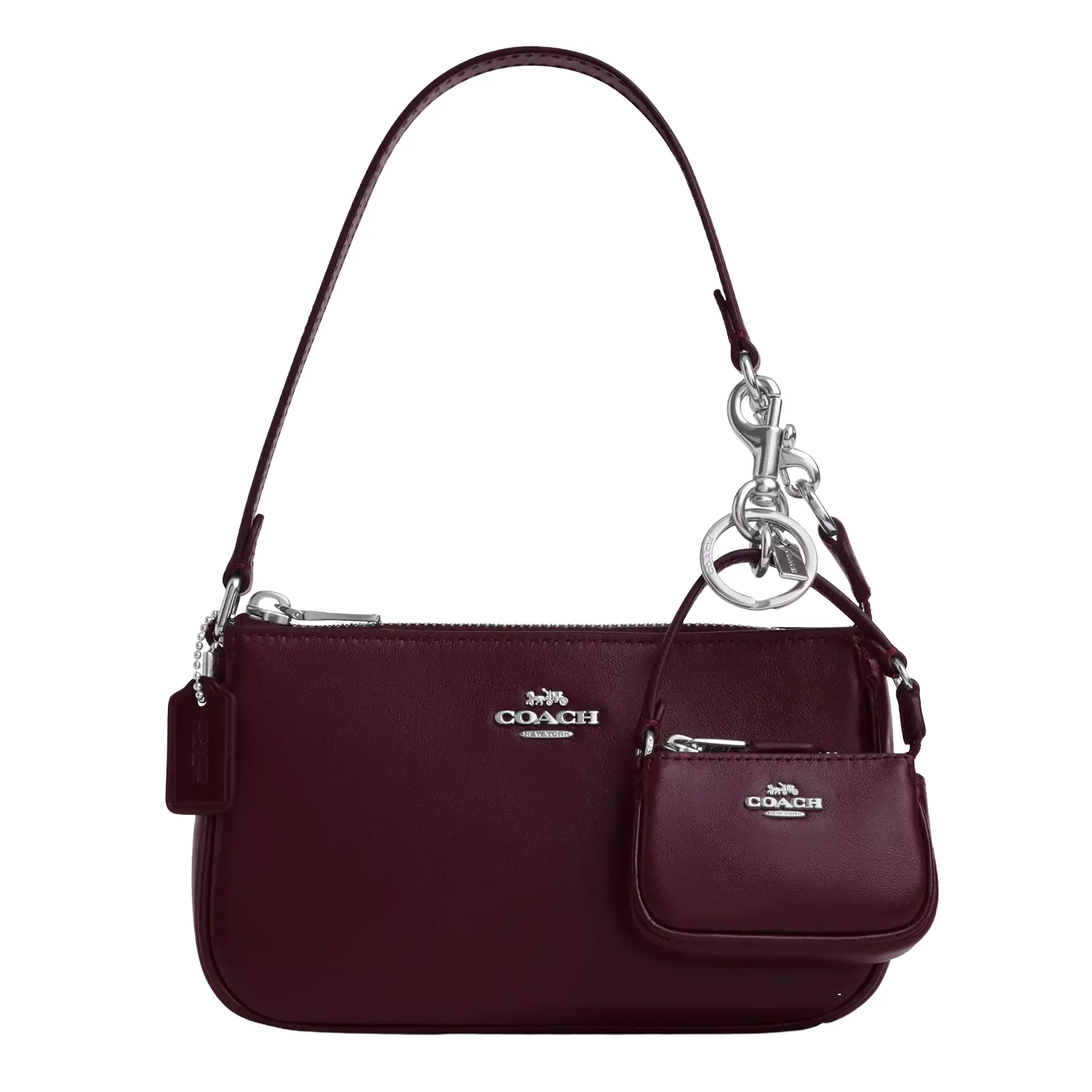 Burgundy Coach shoulder bag with silver hardware, featuring a detachable mini pouch attached by a silver clip.