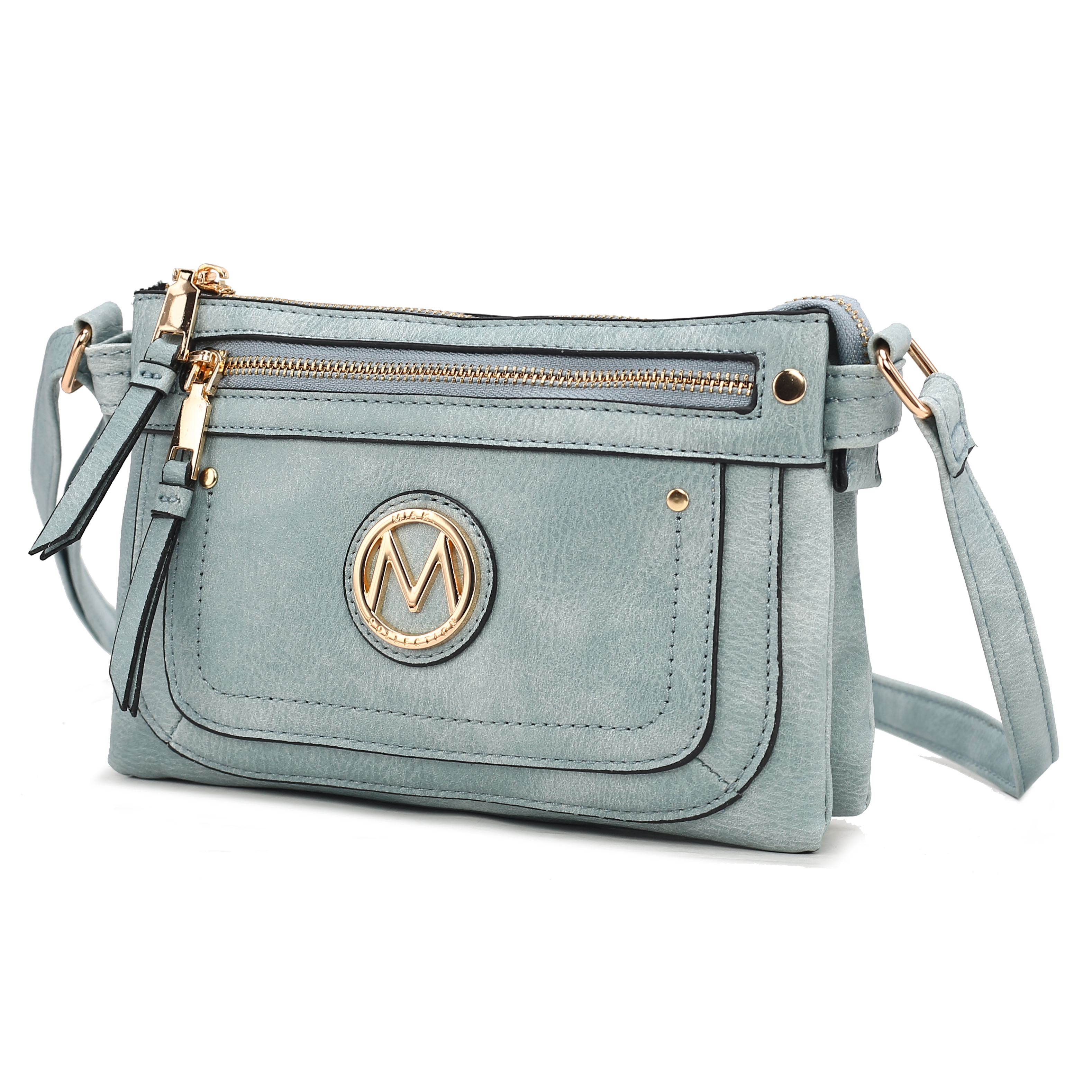 A light blue faux leather crossbody bag with gold-tone hardware, features a front pocket with a circle emblem, and multiple zip compartments.