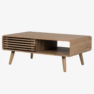 A mid-century modern coffee table featuring a wooden finish with slatted design on the left and open storage on the right, supported by angled legs.