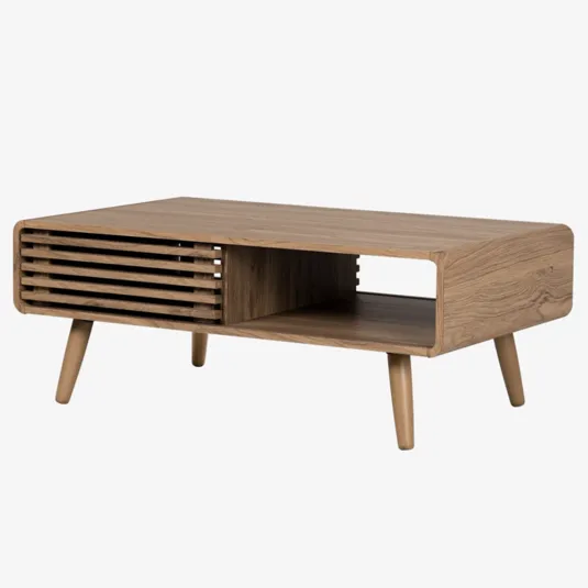 A mid-century modern coffee table featuring a wooden finish with slatted design on the left and open storage on the right, supported by angled legs.