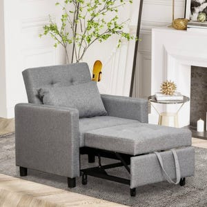 Gray upholstered chaise lounge chair with a reclining backrest and a built-in pull-out ottoman.