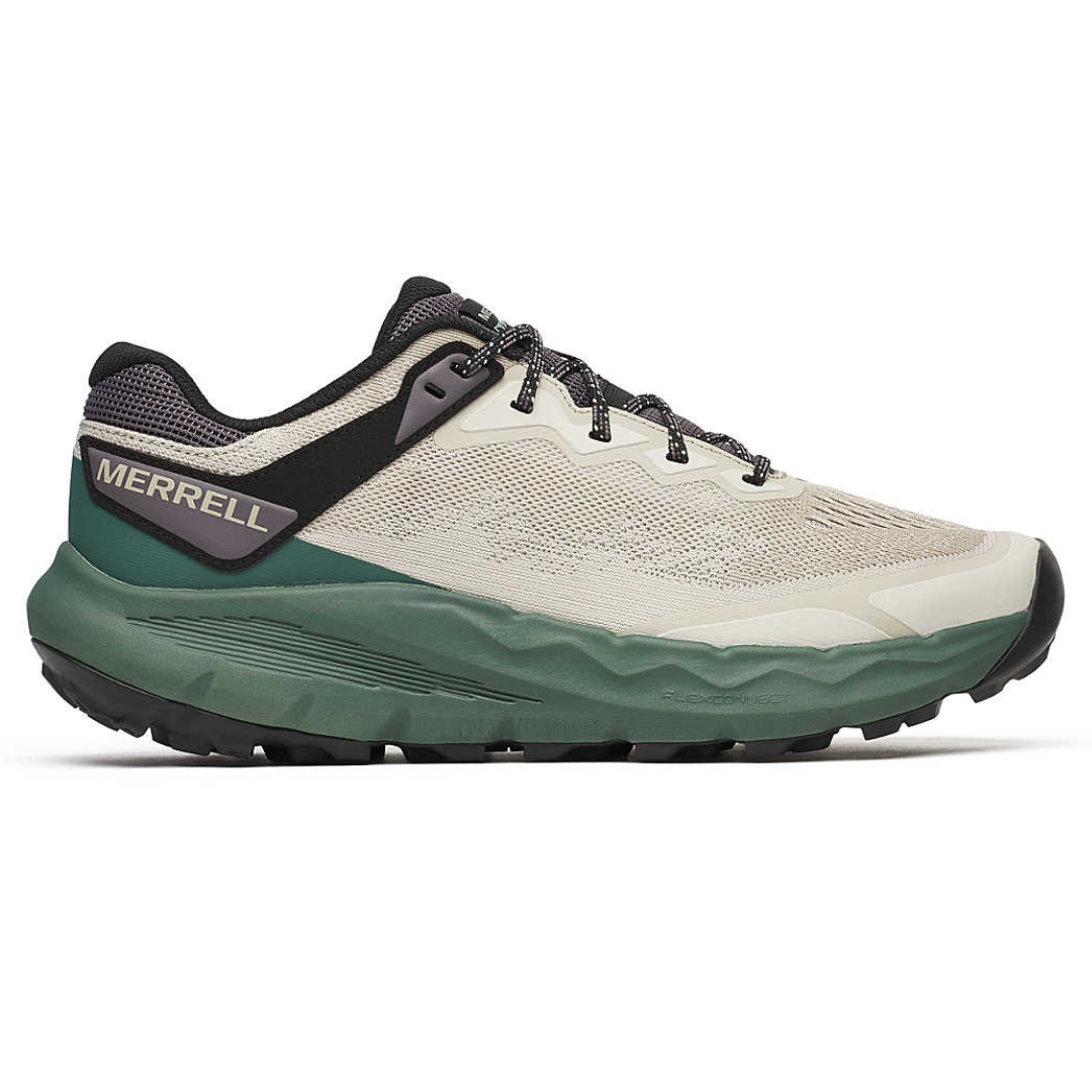 Merrell trail running shoe with a beige upper, green midsole, and black accents.