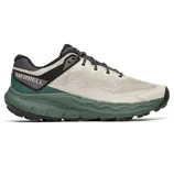 Merrell trail running shoe with a beige upper, green midsole, and black accents.