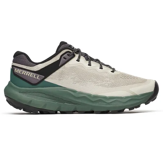 Merrell trail running shoe with a beige upper, green midsole, and black accents.
