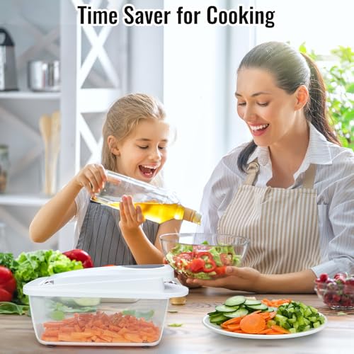 A mother and daughter are preparing a salad in a kitchen, using a vegetable chopper with slicing and storing capabilities.