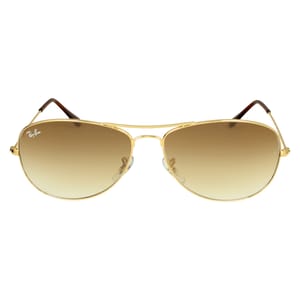 Ray-Ban Men's Pilot Sunglasses feature a gold metal frame with brown gradient lenses. The design includes a double bridge and adjustable nose pads, providing a classic aviator style.