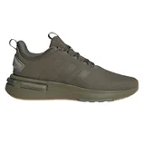 A khaki-colored Adidas sneaker featuring a mesh upper, three side stripes, and a cushioned sole for comfort and support.