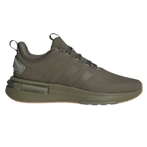 A khaki-colored Adidas sneaker featuring a mesh upper, three side stripes, and a cushioned sole for comfort and support.