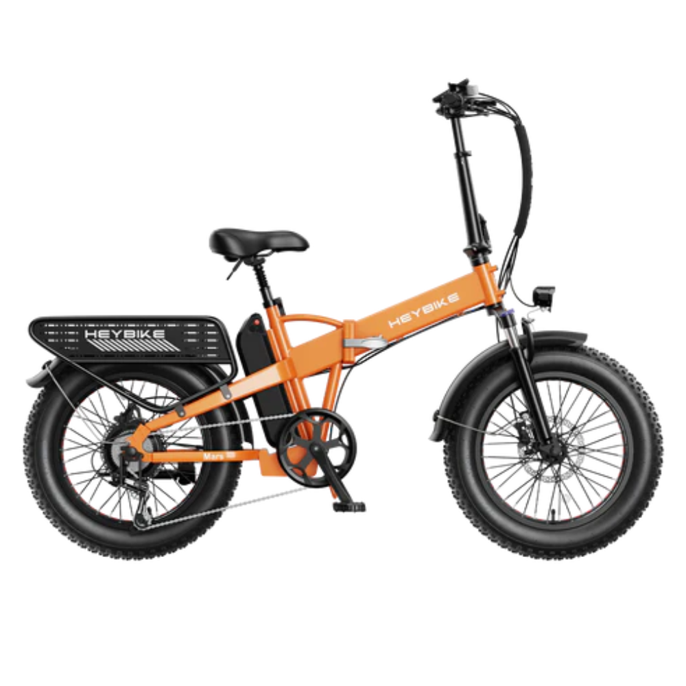 Orange Heybike e-bike with fat tires, a sturdy black cargo rack, adjustable saddle, and front suspension.