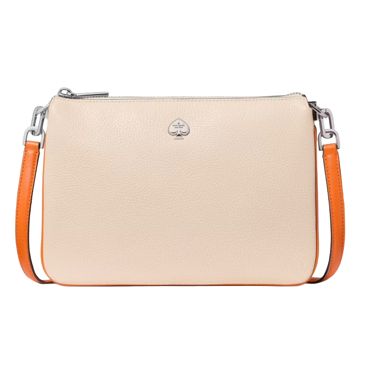 A beige leather crossbody bag with a silver spade logo and orange strap accents.