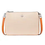 A beige leather crossbody bag with a silver spade logo and orange strap accents.