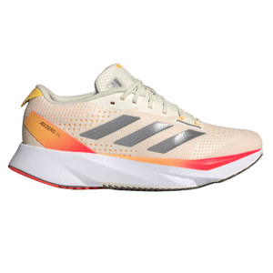 Adidas Women's Adizero SL shoes feature a light cream and orange mesh upper with gray stripes, a white midsole, and a pink accent. Designed for running, they offer lightweight support and cushioning.