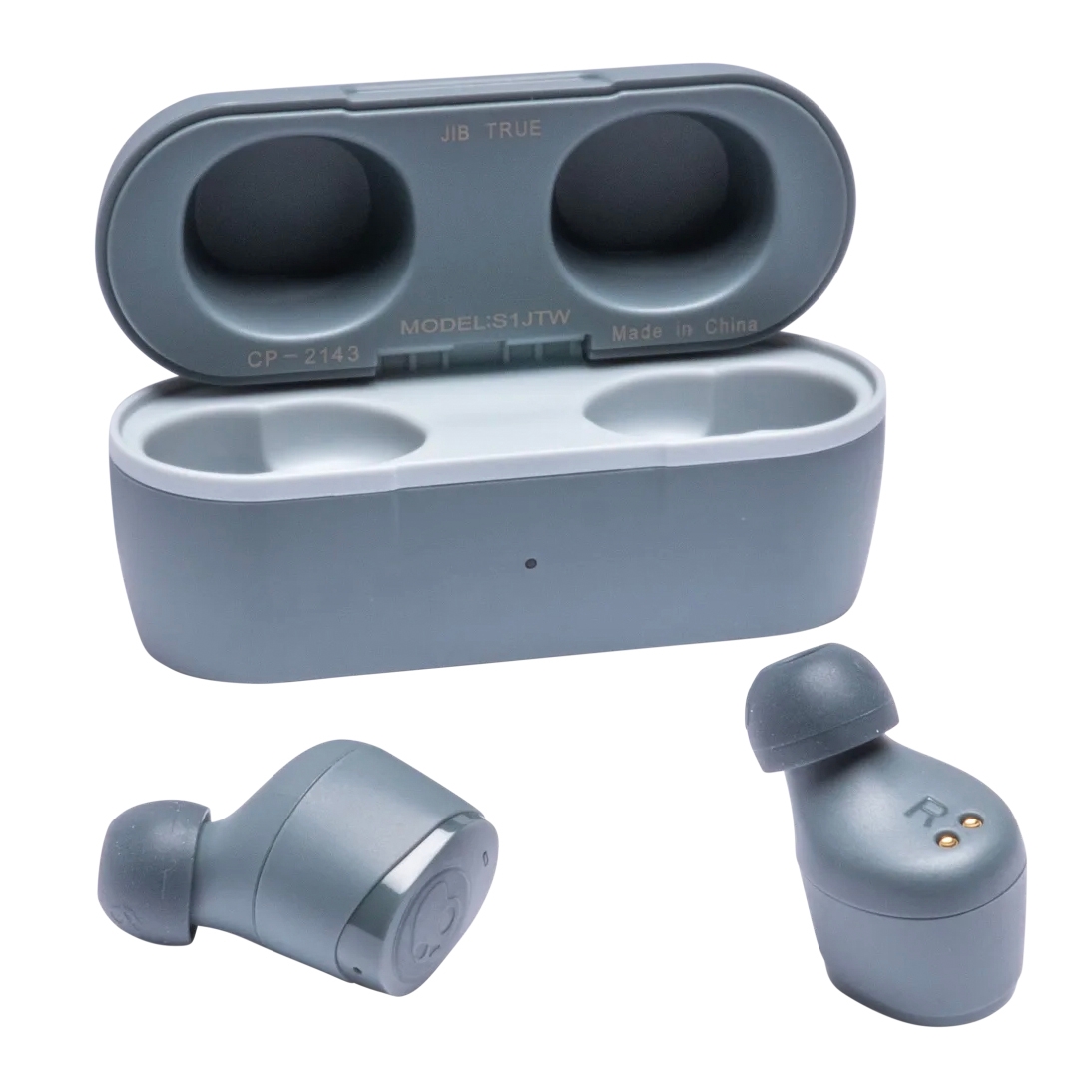 The Skullcandy Jib True Wireless Earbuds are compact, gray, in-ear Bluetooth earbuds with a matching charging case. They feature a simple round design with a visible \“R\“ for right identification and charging contact points.