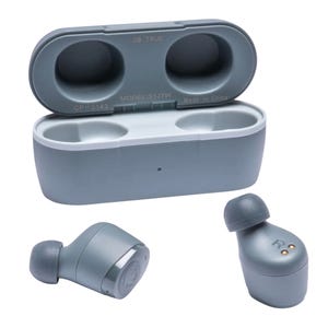The Skullcandy Jib True Wireless Earbuds are compact, gray, in-ear Bluetooth earbuds with a matching charging case. They feature a simple round design with a visible \“R\“ for right identification and charging contact points.