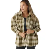 A person is wearing a brown and white plaid flannel shirt over a dark top, paired with ripped black jeans.