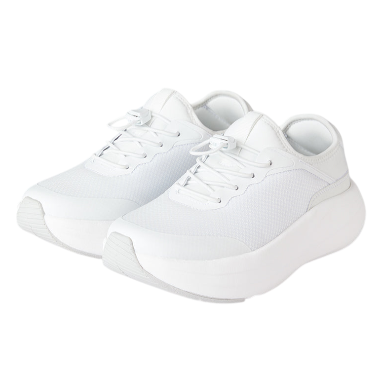 A pair of all-white sneakers with a sleek design, mesh upper, and thick soles.