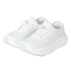 A pair of all-white sneakers with a sleek design, mesh upper, and thick soles.