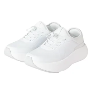 A pair of all-white sneakers with a sleek design, mesh upper, and thick soles.