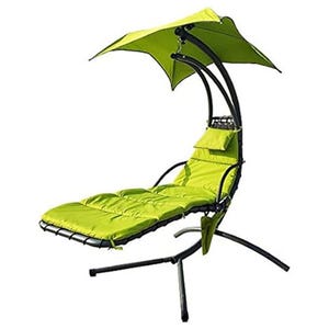 A green outdoor lounge chair with a padded cushion, armrests, and an overhead canopy for shade, supported by a four-legged base with a curved, swooping design.