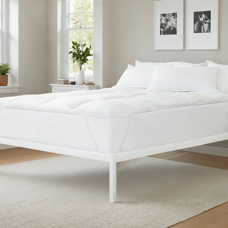A modern white platform bed features a thick mattress topper with soft bedding and pillows, set in a bright room with large windows, framed wall art, and a plant on the window sill.