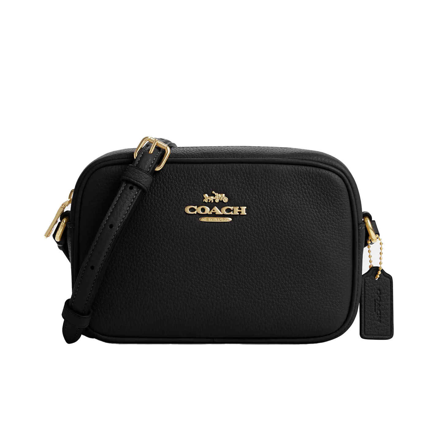 A black leather Coach crossbody bag with gold hardware and an adjustable strap, featuring the Coach logo on the front.