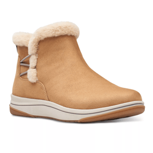 Tan ankle boot with faux fur trim, featuring a cushioned sole and side lace design, suitable for cold weather.