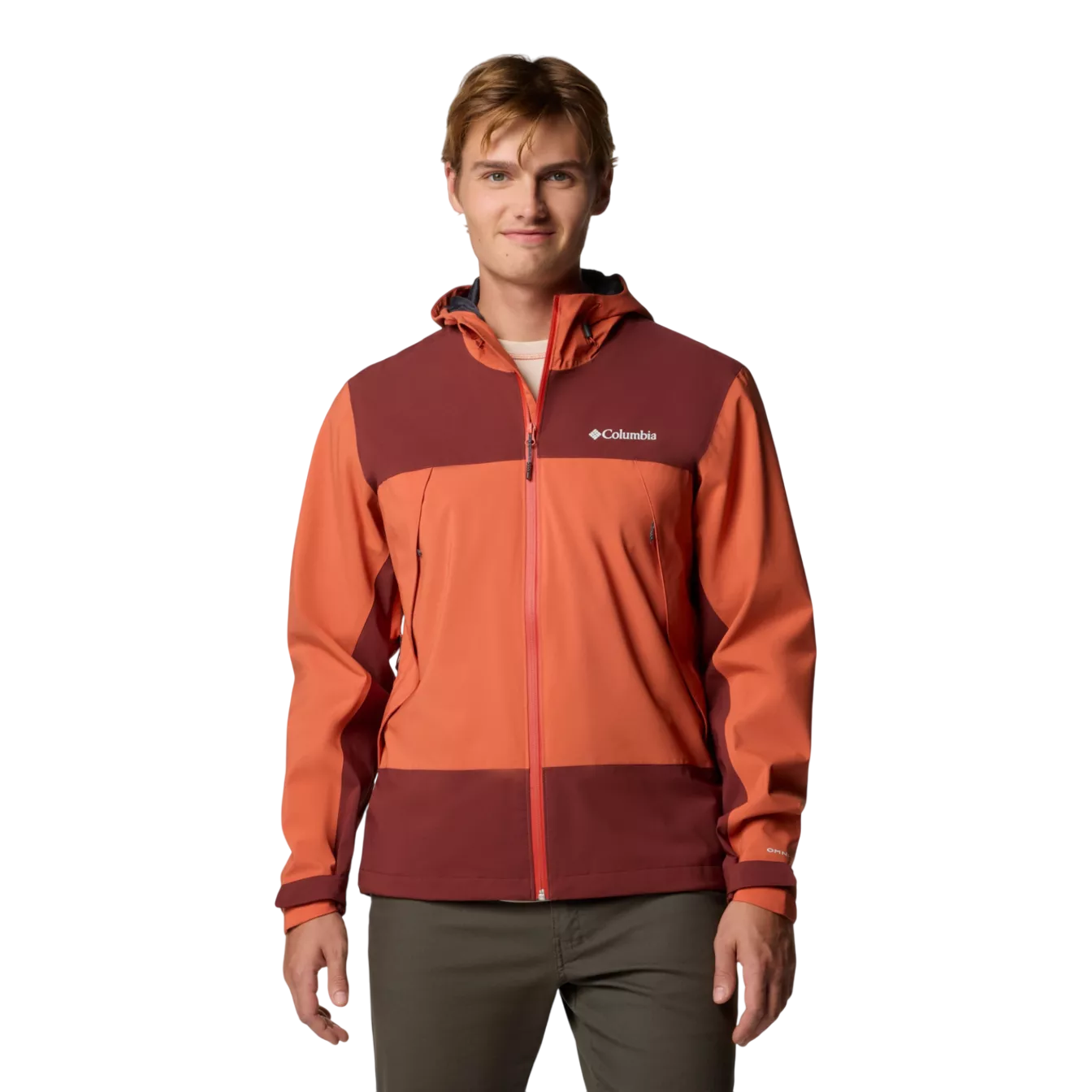 A man is wearing a Columbia jacket in shades of orange and burgundy with a hood and zippered front.