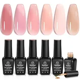 Set of six Beetles Gel Nail Polish bottles in pink and nude shades, each displayed with a corresponding color sample.