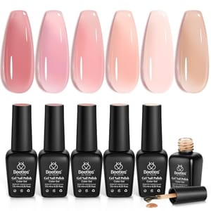 Set of six Beetles Gel Nail Polish bottles in pink and nude shades, each displayed with a corresponding color sample.