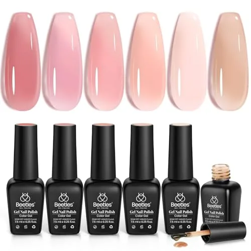 Set of six Beetles Gel Nail Polish bottles in pink and nude shades, each displayed with a corresponding color sample.