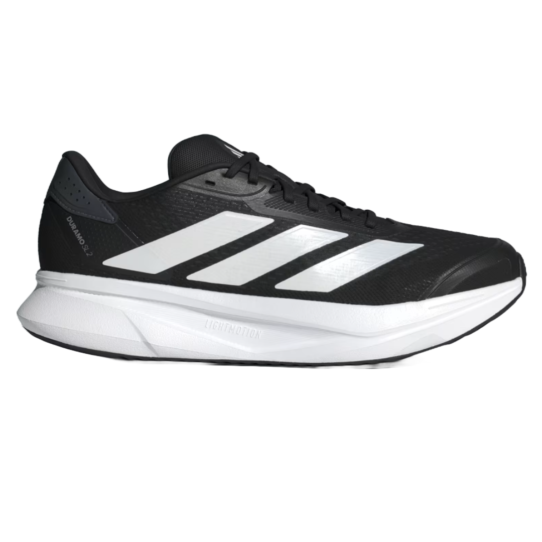 Black Adidas Men's Duramo SL 2 shoes featuring white stripes and a LIGHTMOTION midsole for lightweight cushioning, with a sleek, breathable mesh upper and durable outsole for versatile athletic performance.