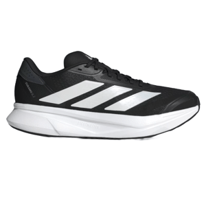 Black Adidas Men's Duramo SL 2 shoes featuring white stripes and a LIGHTMOTION midsole for lightweight cushioning, with a sleek, breathable mesh upper and durable outsole for versatile athletic performance.