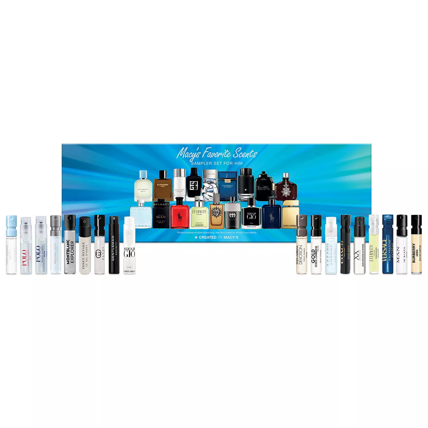 Macy's Favorite Scents Sampler Set for Him includes a variety of men's fragrance samples from brands like Polo, Montblanc, Armani, Calvin Klein, and Versace.