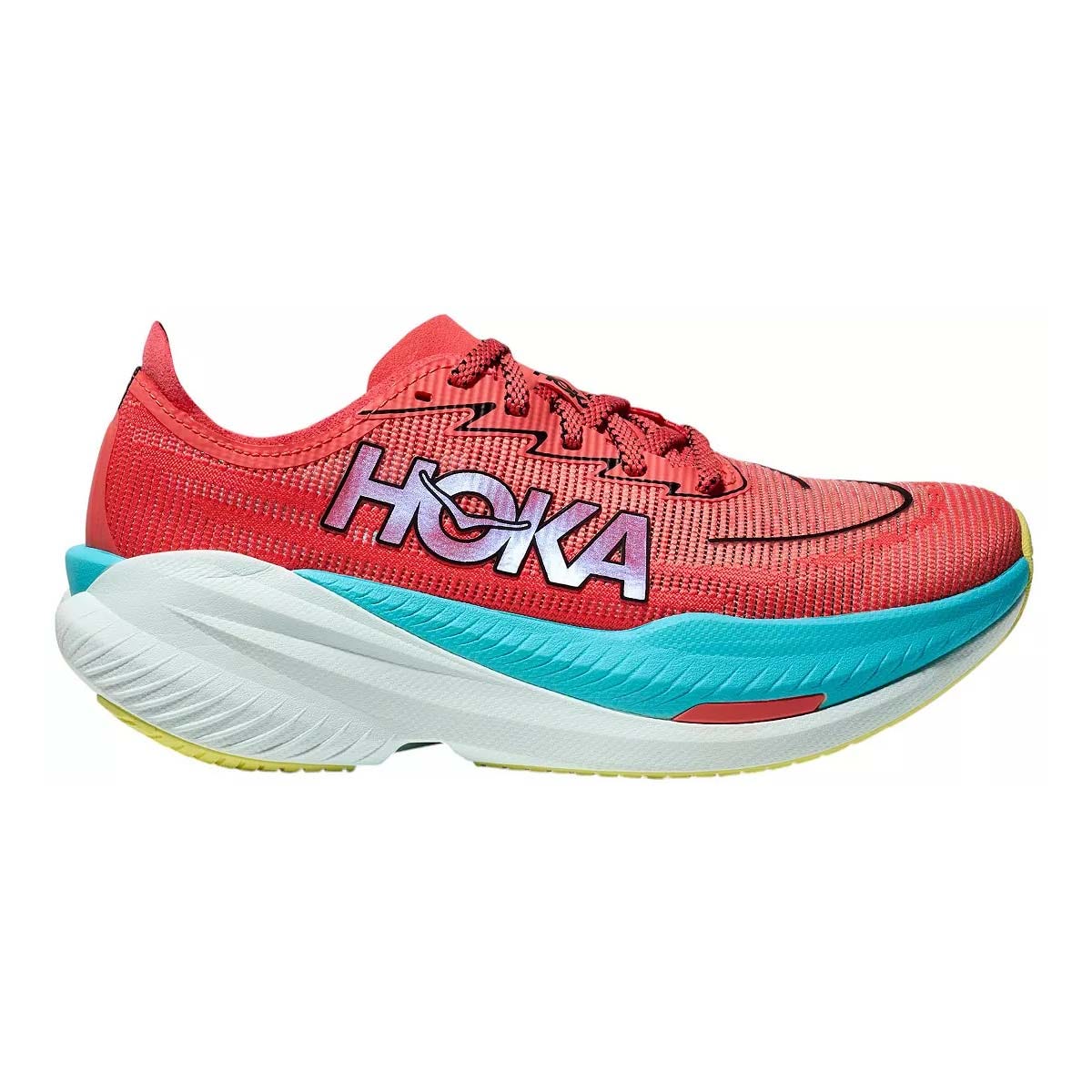 Brightly colored Hoka running shoe featuring a red upper, blue midsole, and white outsole. The shoe includes vibrant branding on the side.
