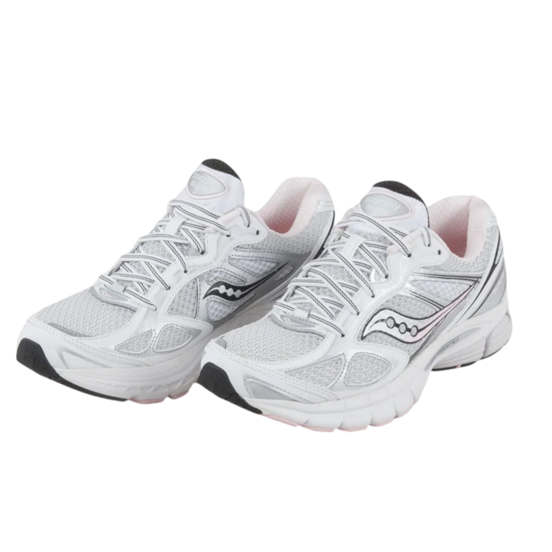 A pair of white athletic running shoes with black accents and mesh detailing, featuring a prominent logo design on the side.